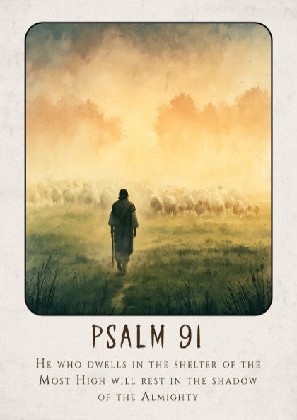 Psalm 91 poster featuring a shepherd and sheep in a misty landscape, spiritual wall art in soft colors