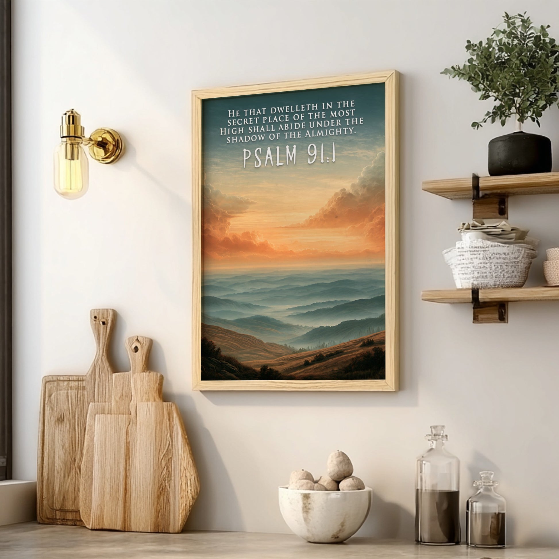 Poster displaying Psalm 91:1 text over a serene golden mountain landscape with mist