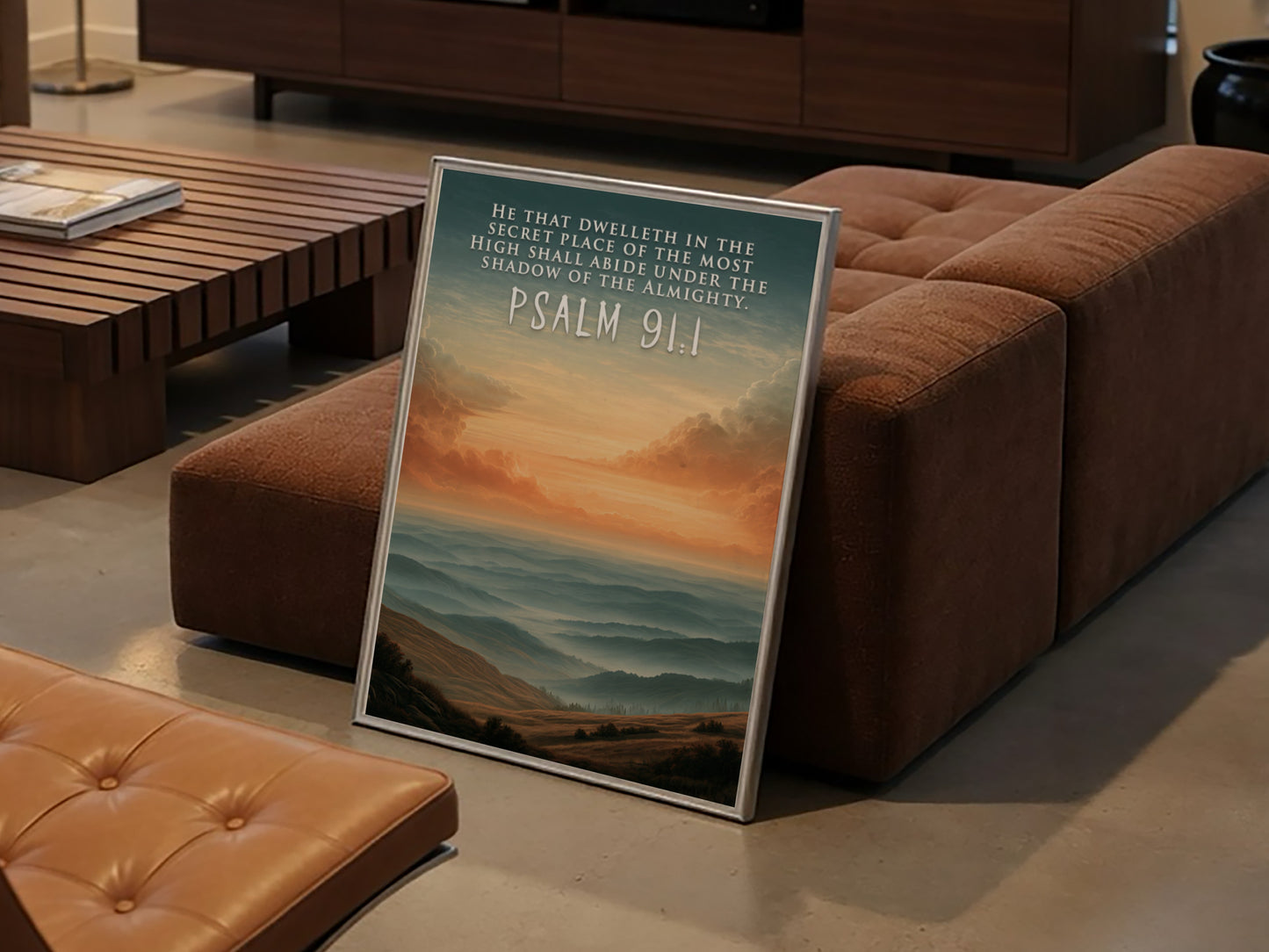 Poster displaying Psalm 91:1 text over a serene golden mountain landscape with mist