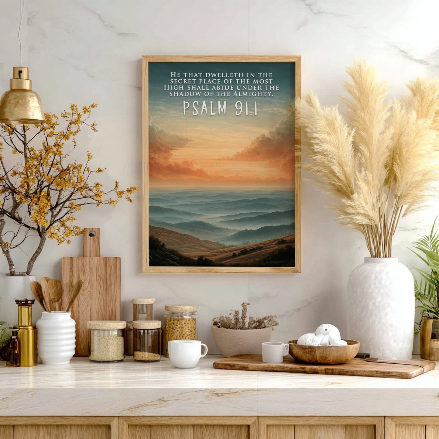 Poster displaying Psalm 91:1 text over a serene golden mountain landscape with mist
