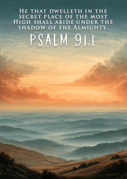 Poster displaying Psalm 91:1 text over a serene golden mountain landscape with mist