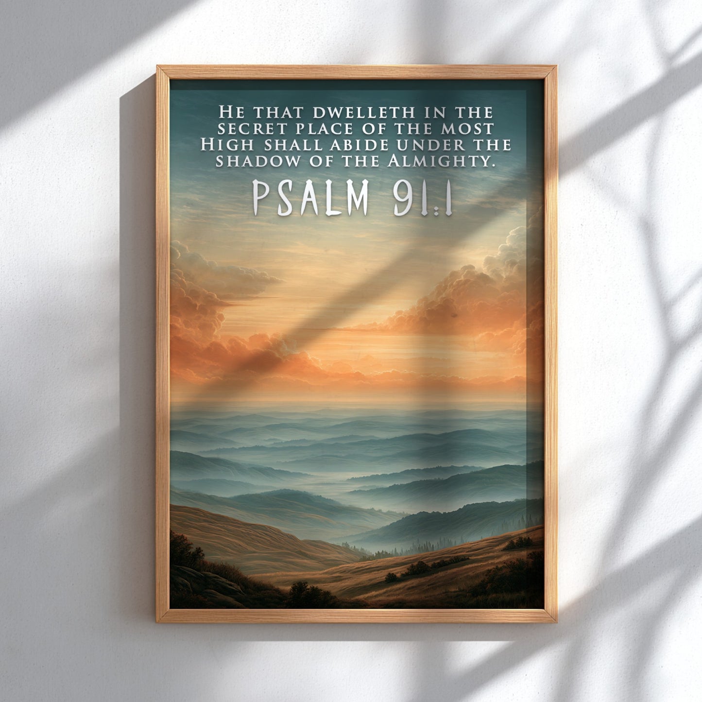 Poster displaying Psalm 91:1 text over a serene golden mountain landscape with mist