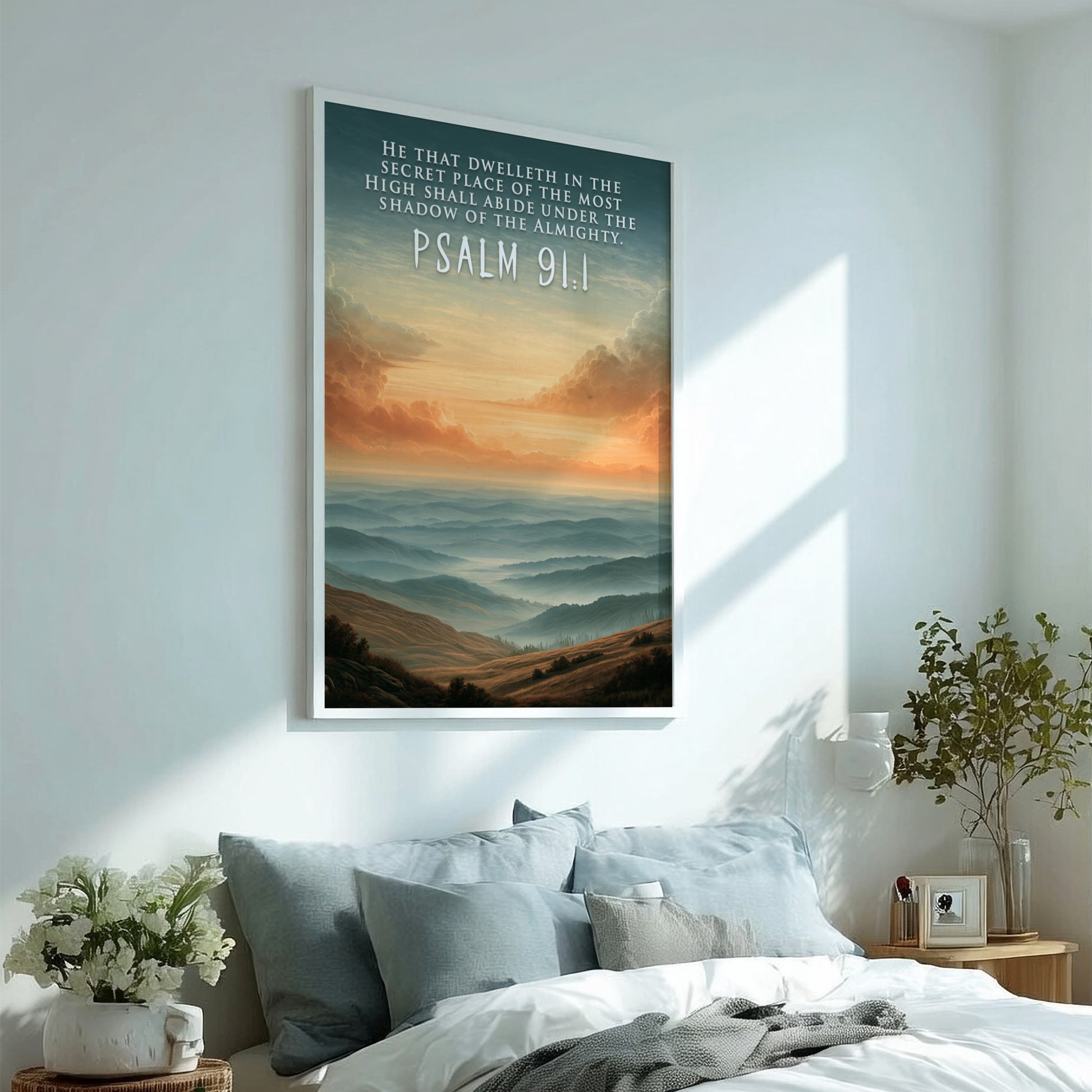 Poster displaying Psalm 91:1 text over a serene golden mountain landscape with mist