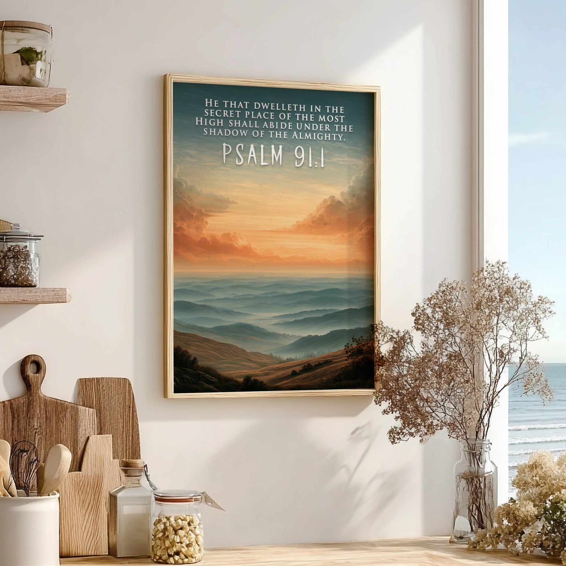 Poster displaying Psalm 91:1 text over a serene golden mountain landscape with mist