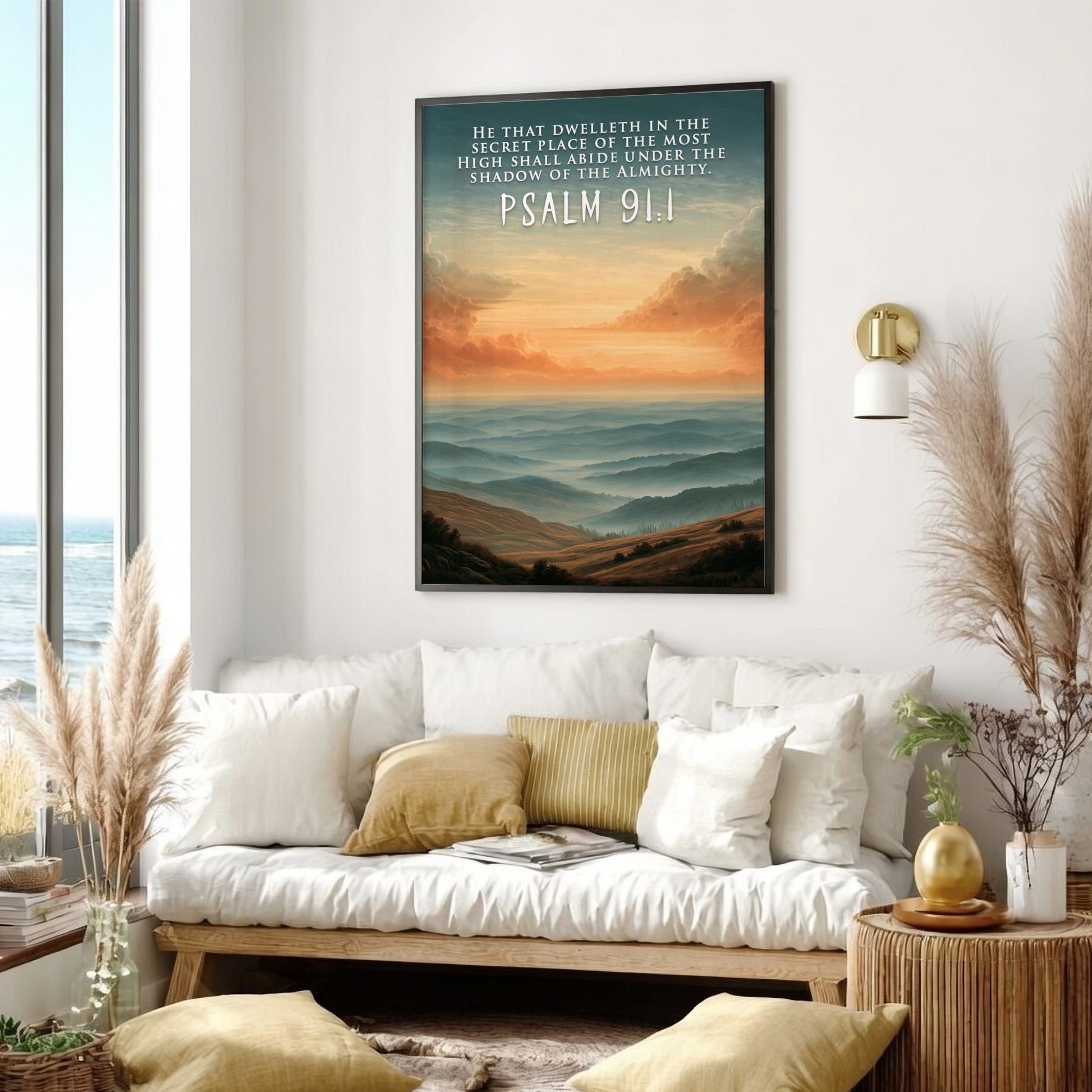 Poster displaying Psalm 91:1 text over a serene golden mountain landscape with mist