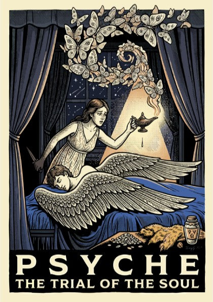 Psyche Greek mythology poster featuring Psyche holding a lamp and looking at Cupid, with butterflies and
