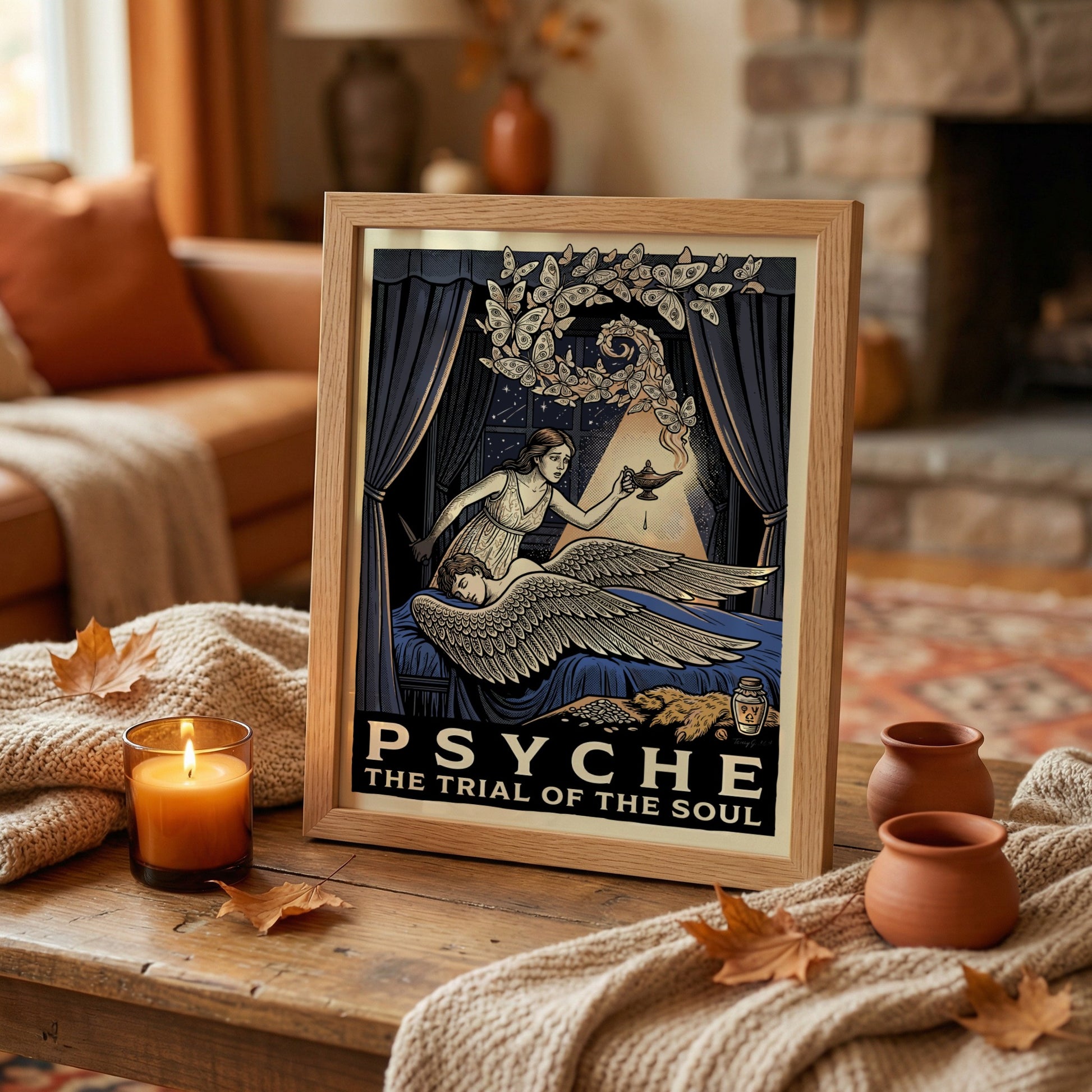 Psyche Greek mythology poster featuring Psyche holding a lamp and looking at Cupid, with butterflies and