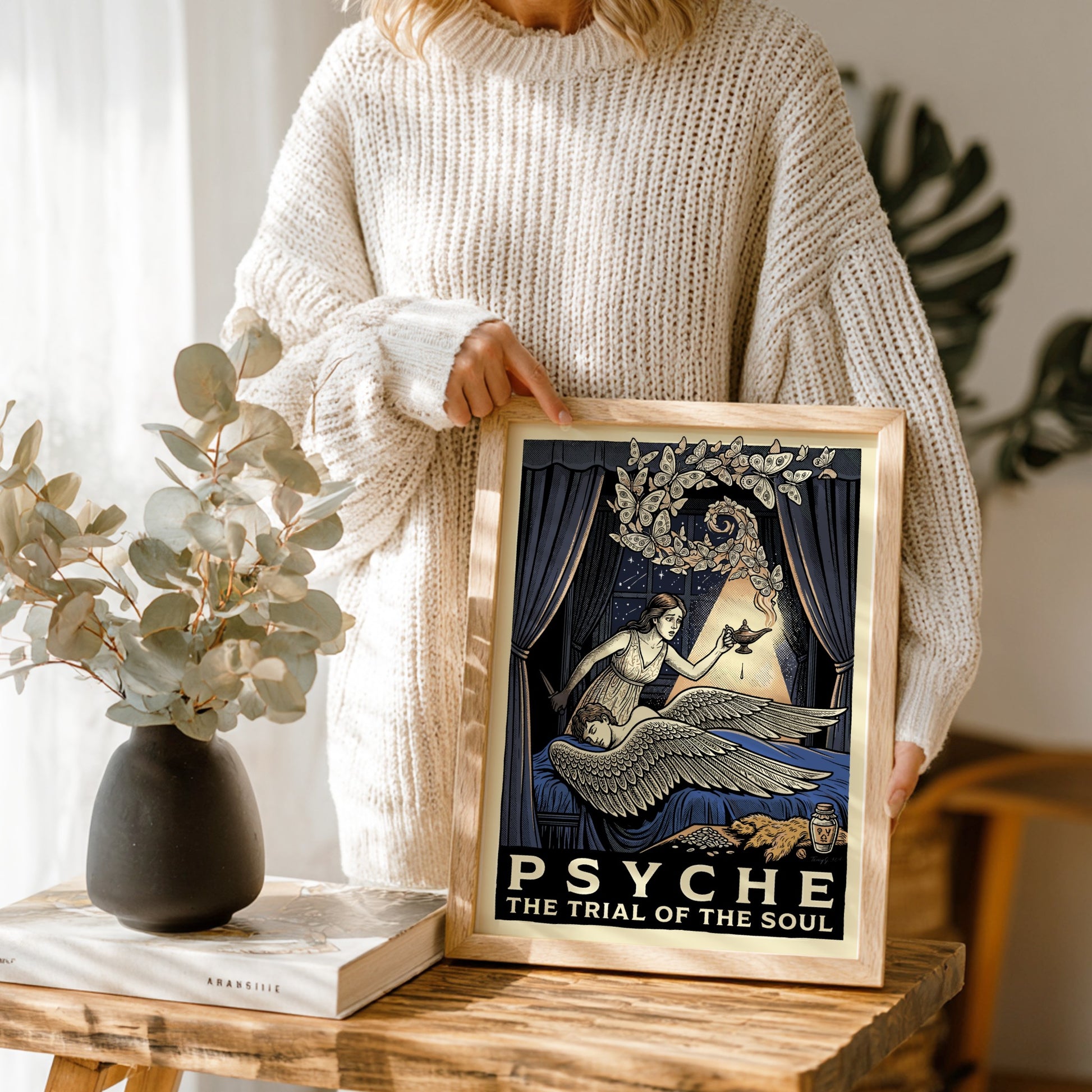 Psyche Greek mythology poster featuring Psyche holding a lamp and looking at Cupid, with butterflies and