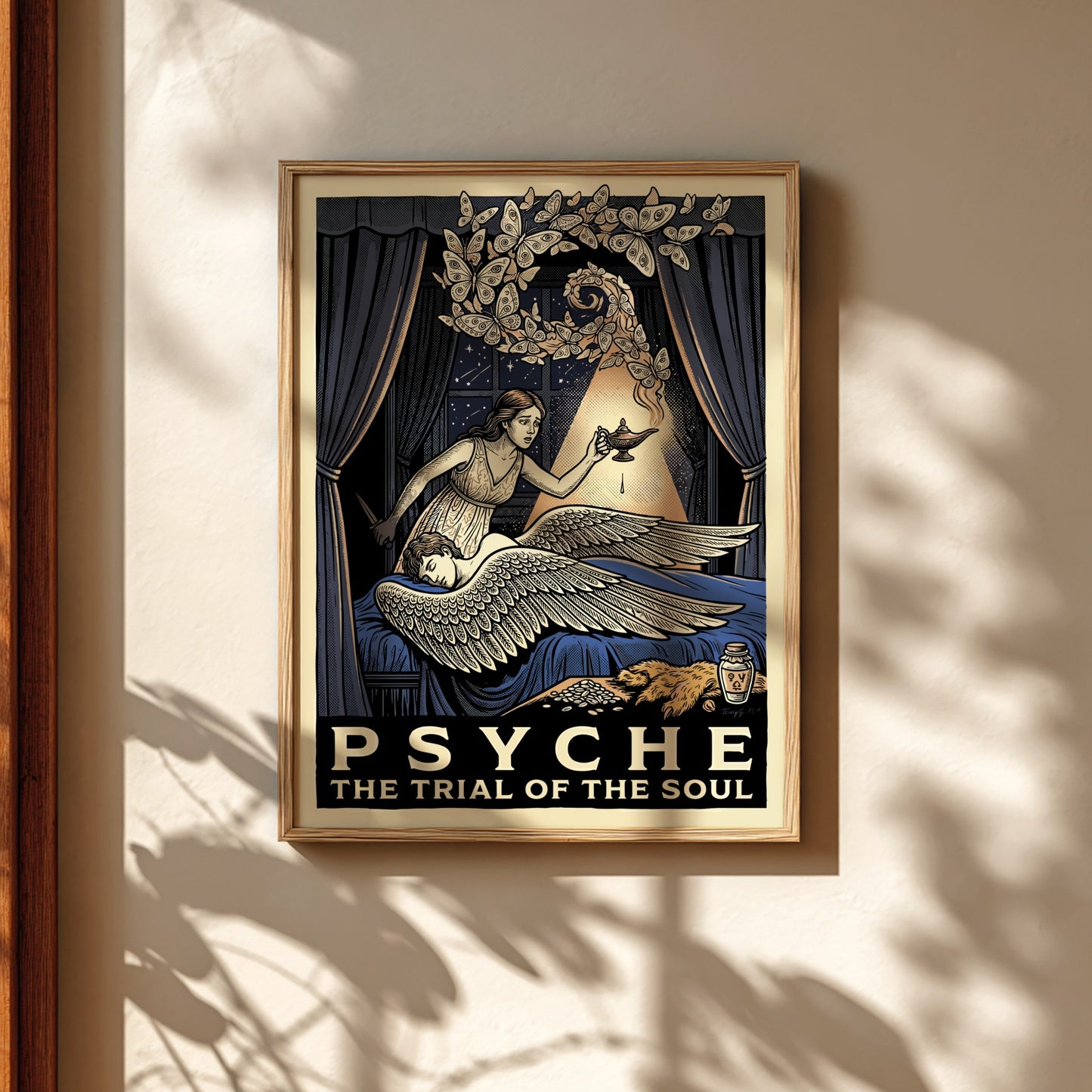 Psyche Greek mythology poster featuring Psyche holding a lamp and looking at Cupid, with butterflies and