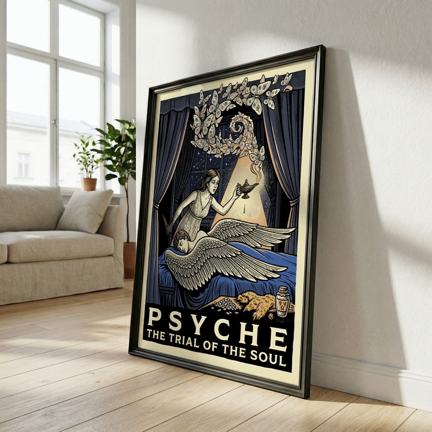 Psyche Greek mythology poster featuring Psyche holding a lamp and looking at Cupid, with butterflies and