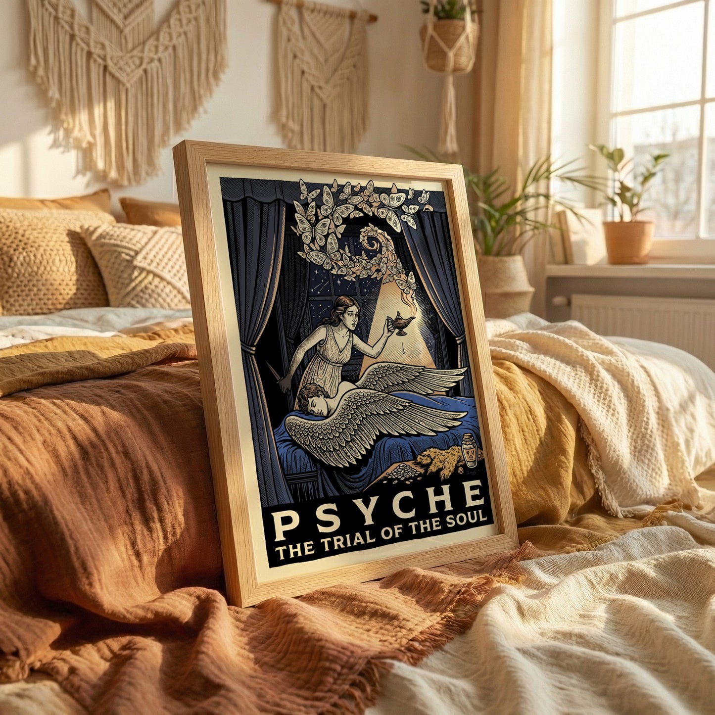 Psyche Greek mythology poster featuring Psyche holding a lamp and looking at Cupid, with butterflies and