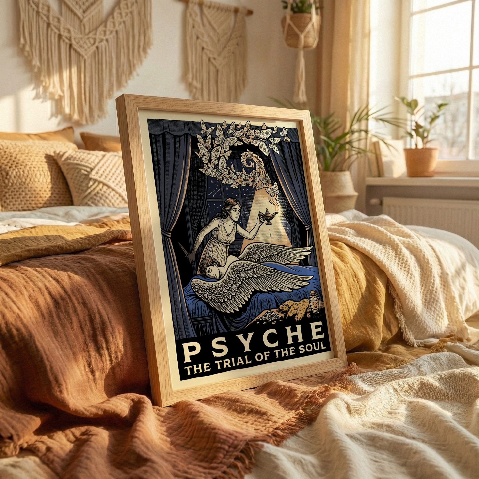 Psyche Greek mythology poster featuring Psyche holding a lamp and looking at Cupid, with butterflies and