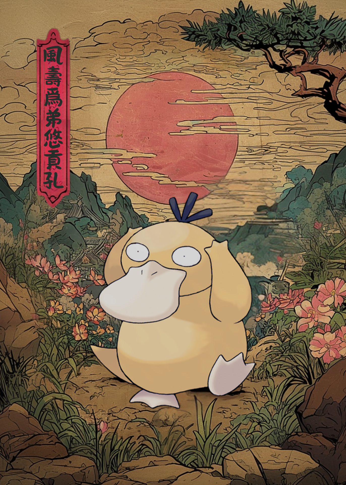 Psyduck Pokémon character in a natural setting with a red sun and mountains in the background