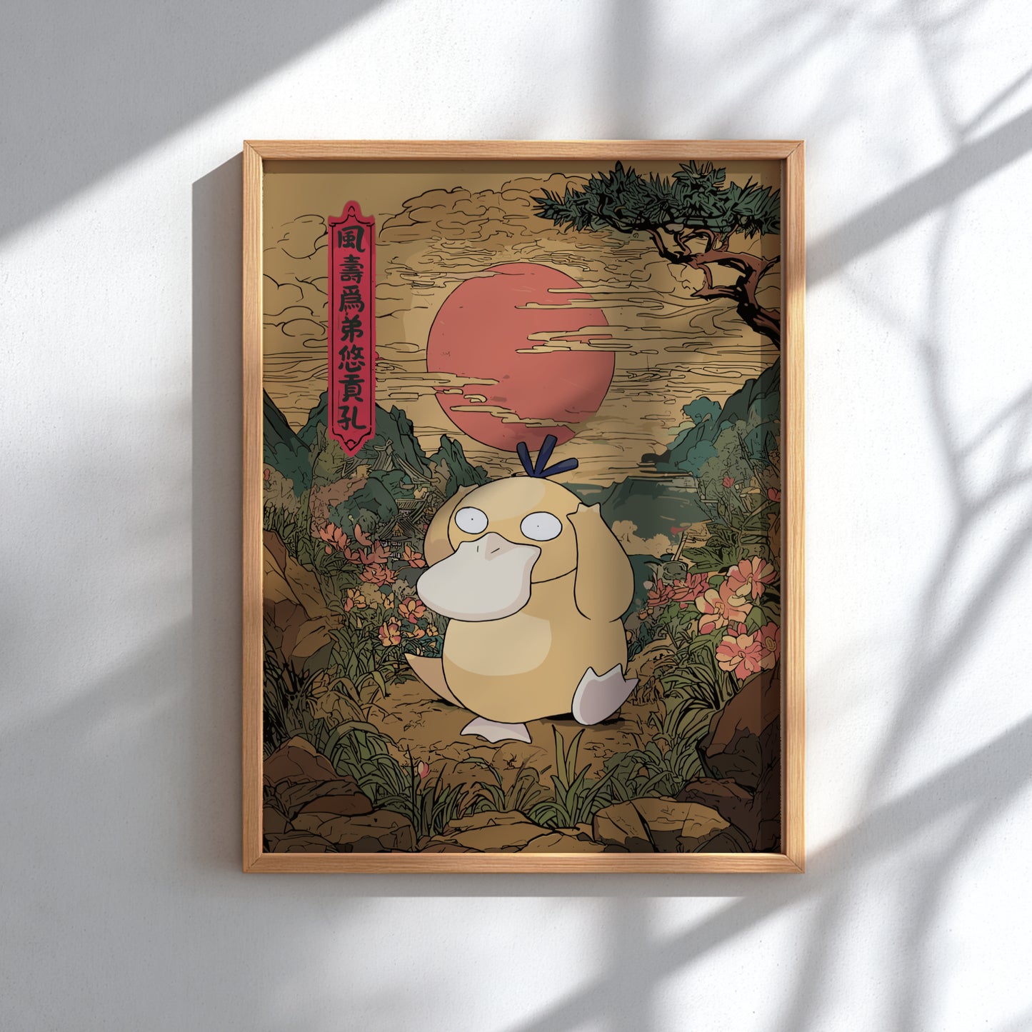 Framed artwork of Psyduck Pokémon character in a natural setting with a red sun and mountains.