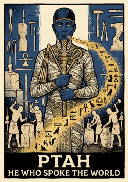 Poster featuring the Egyptian god Ptah with golden hieroglyphs and ancient artisan tools