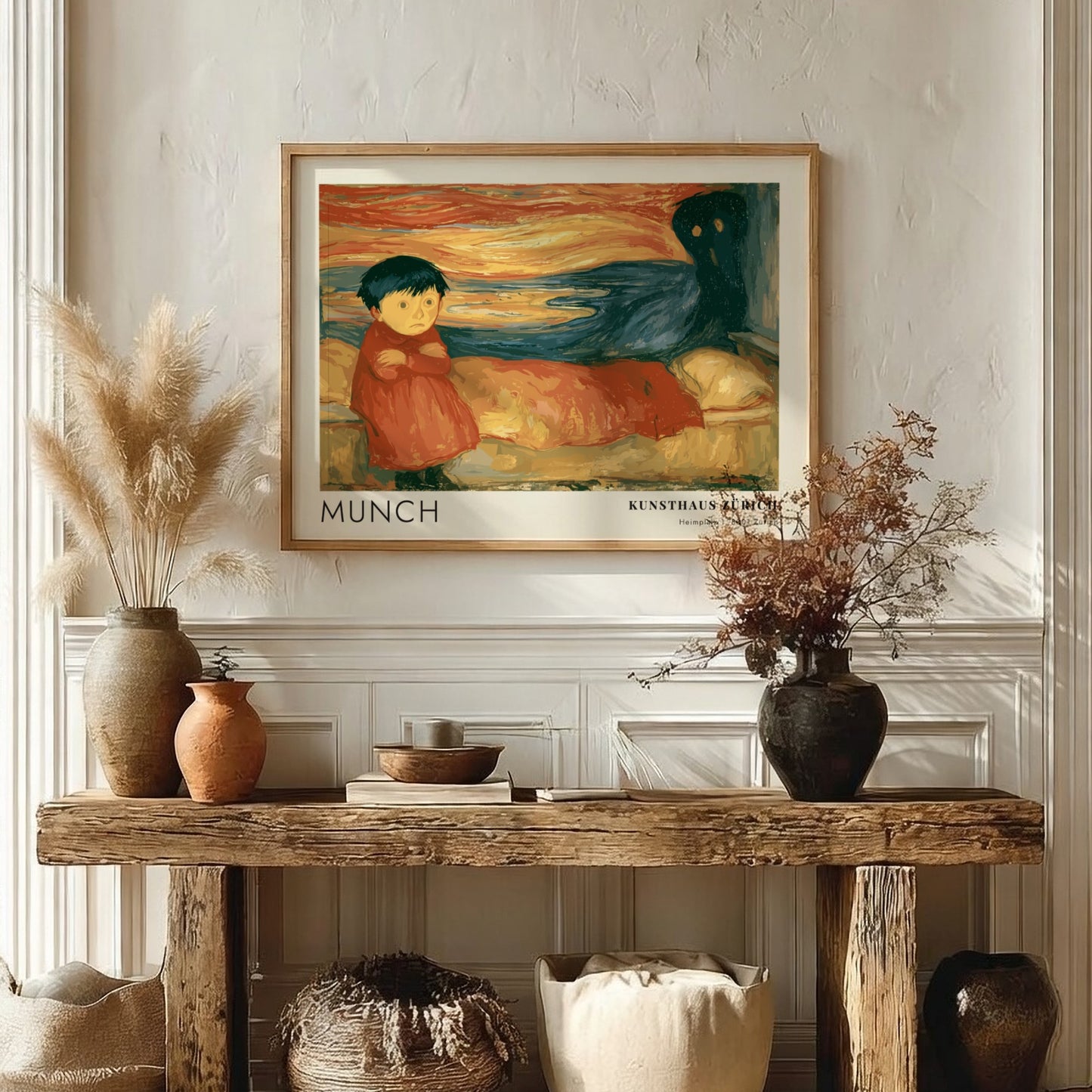 Edvard Munch Pubertät exhibition poster featuring a girl and shadow in warm tones.