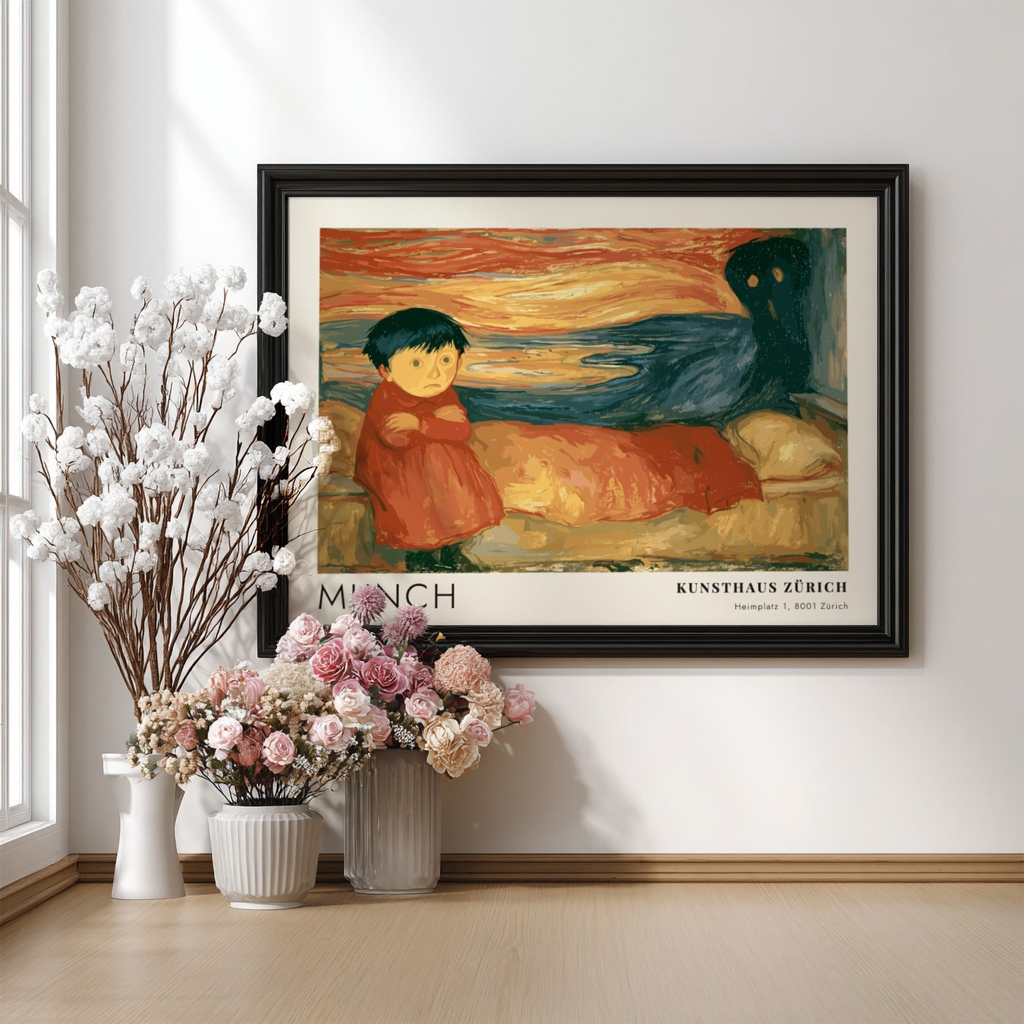 Edvard Munch Pubertät exhibition poster featuring a girl and shadow in warm tones.