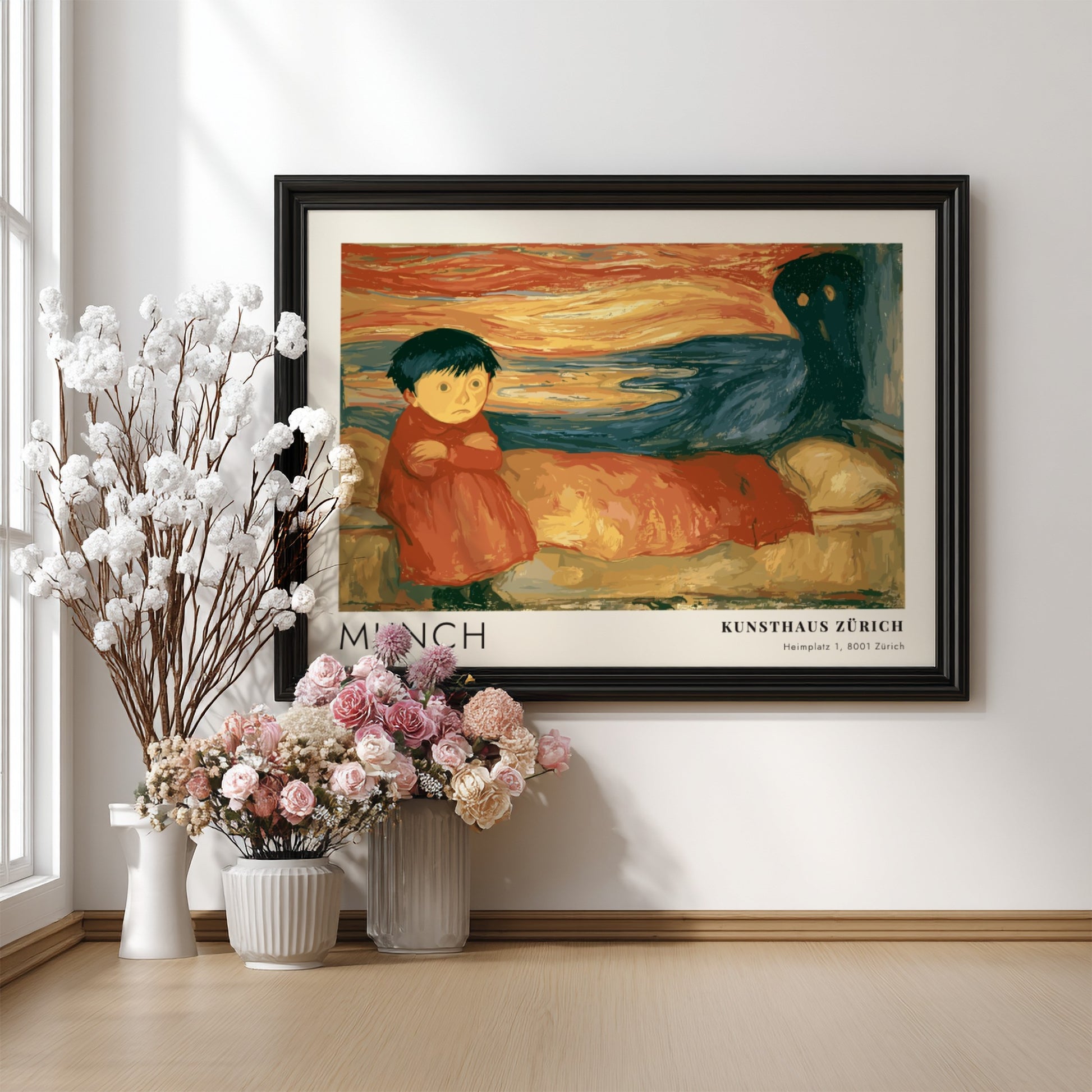 Edvard Munch Pubertät exhibition poster featuring a girl and shadow in warm tones.