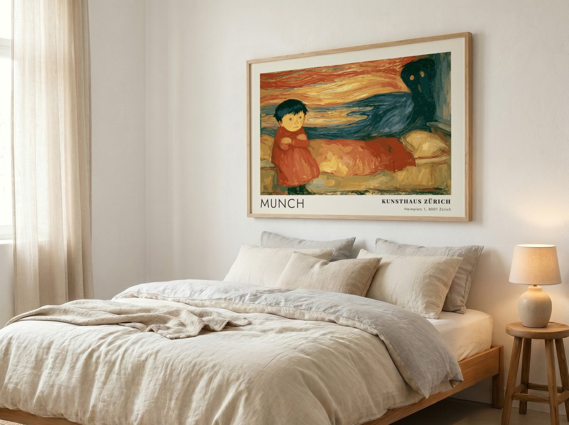 Edvard Munch Pubertät exhibition poster featuring a girl and shadow in warm tones.