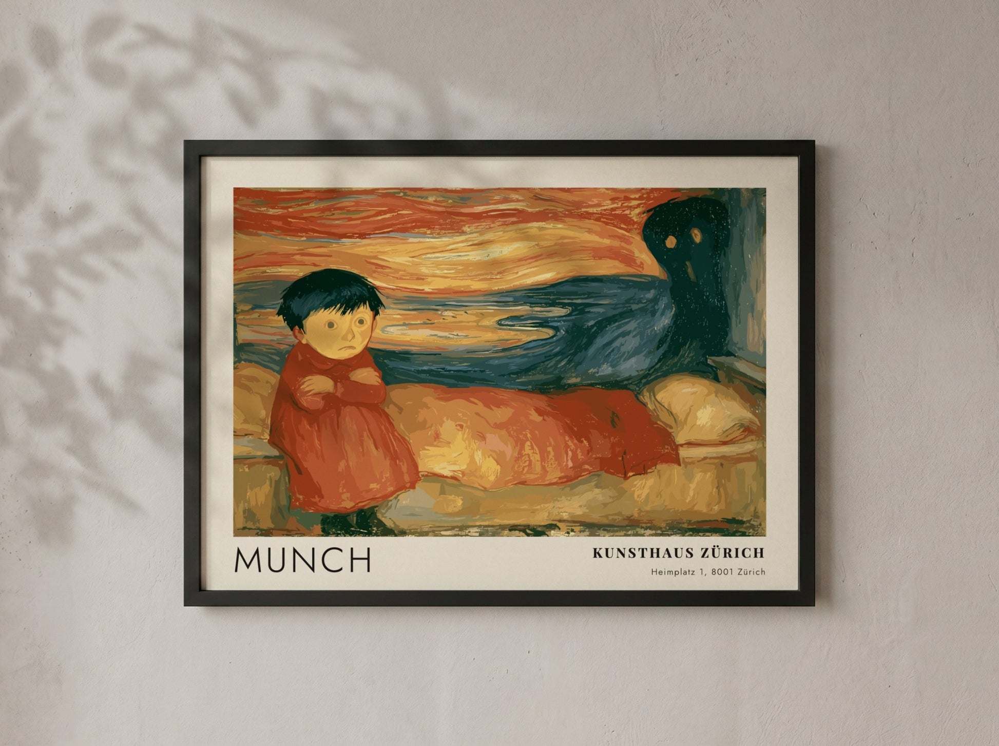 Edvard Munch Pubertät exhibition poster featuring a girl and shadow in warm tones.