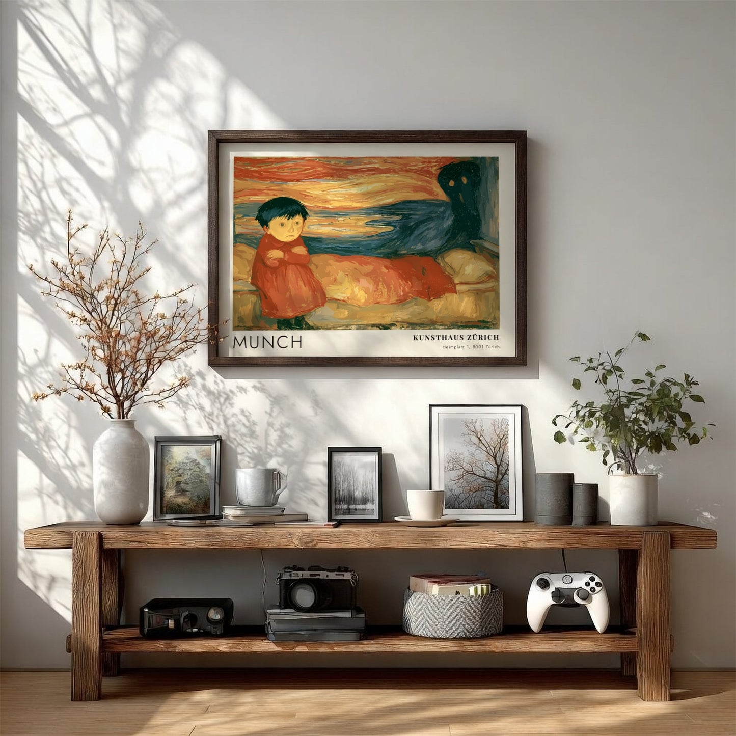 Edvard Munch Pubertät exhibition poster featuring a girl and shadow in warm tones.