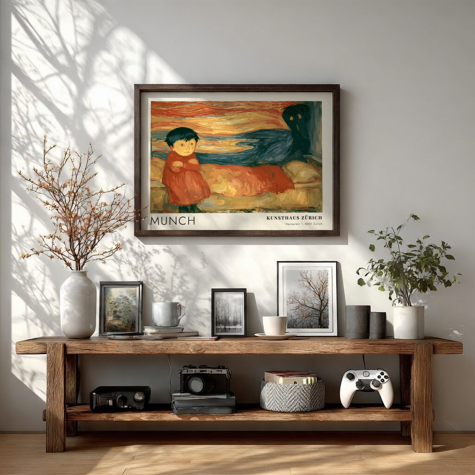 Edvard Munch Pubertät exhibition poster featuring a girl and shadow in warm tones.