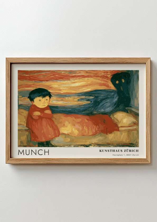 Edvard Munch Pubertät exhibition poster featuring a girl and shadow in warm tones.