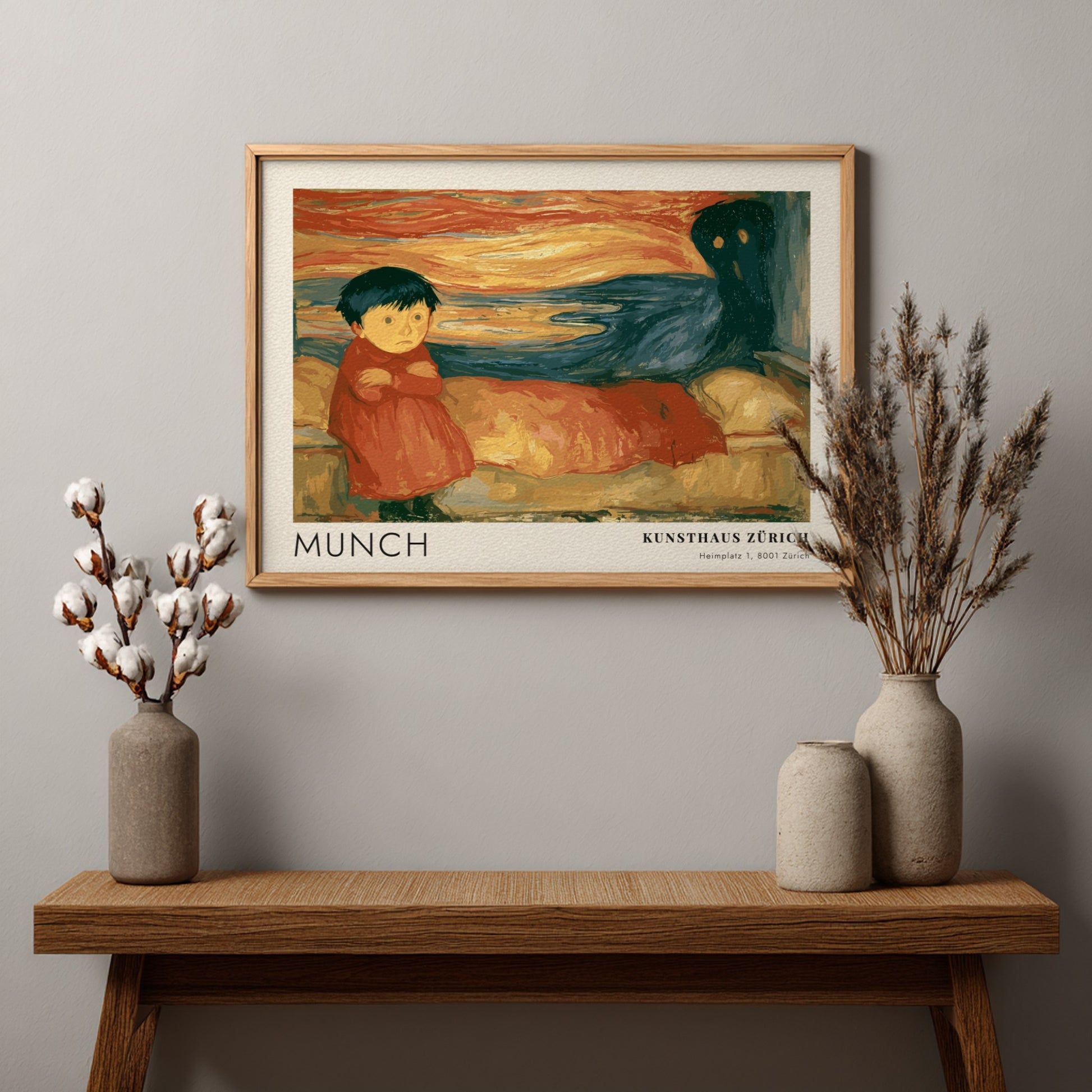 Edvard Munch Pubertät exhibition poster featuring a girl and shadow in warm tones.