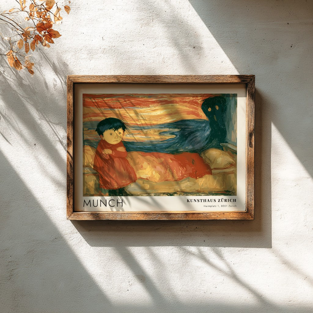 Edvard Munch Pubertät exhibition poster featuring a girl and shadow in warm tones.