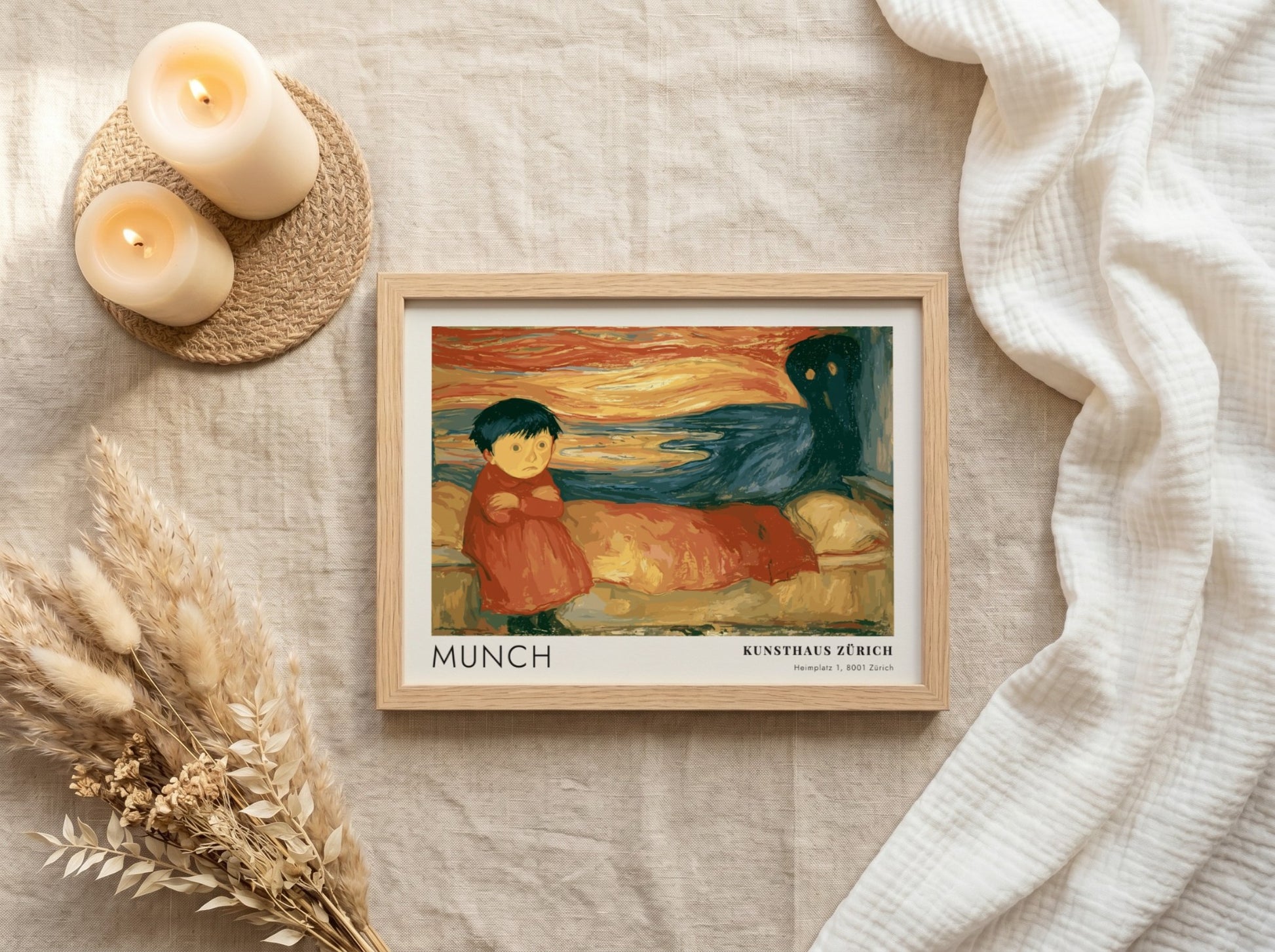 Edvard Munch Pubertät exhibition poster featuring a girl and shadow in warm tones.