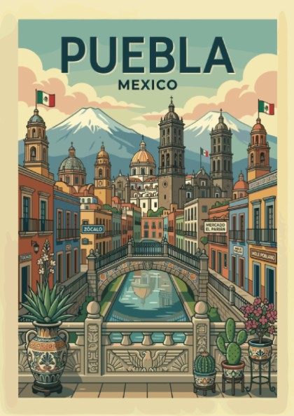 Puebla Mexico cityscape travel poster with colonial buildings and volcanoes