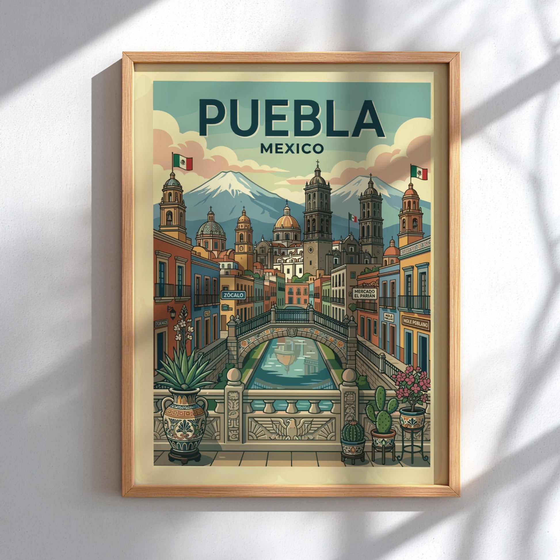 Puebla Mexico cityscape travel poster with colonial buildings and volcanoes