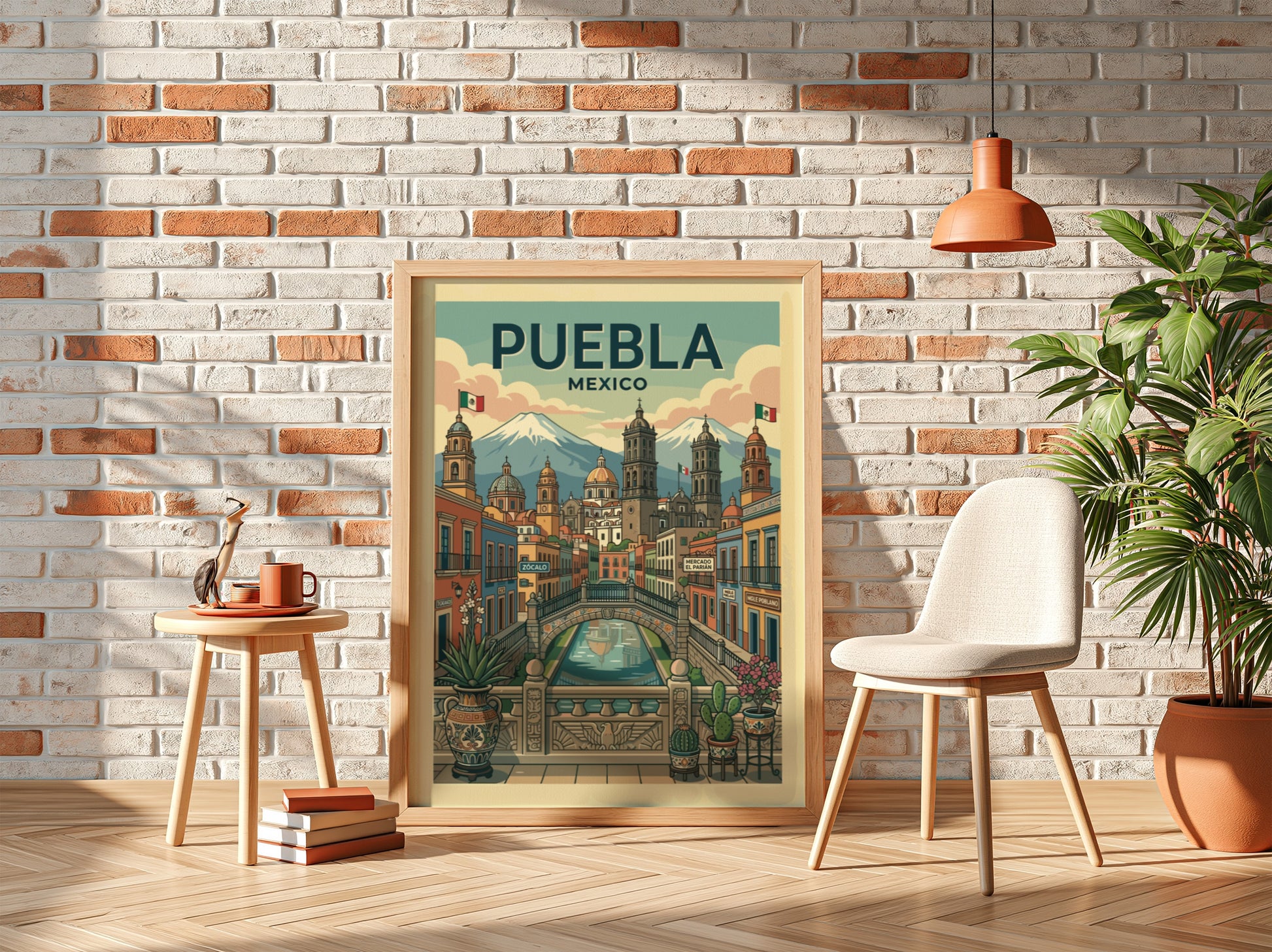 Puebla Mexico cityscape travel poster with colonial buildings and volcanoes