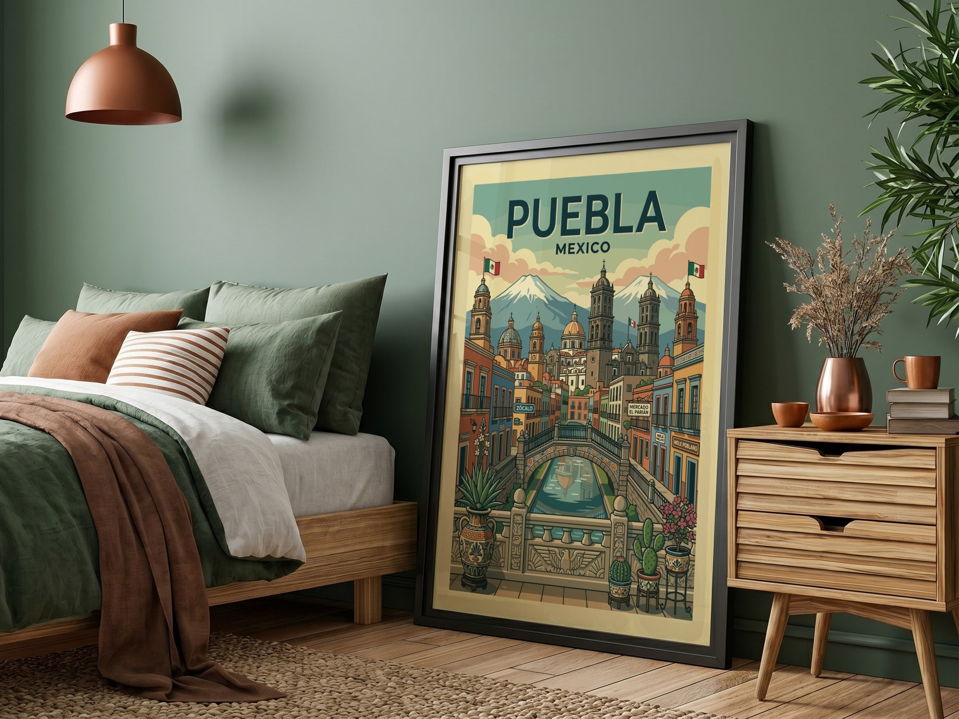 Puebla Mexico cityscape travel poster with colonial buildings and volcanoes