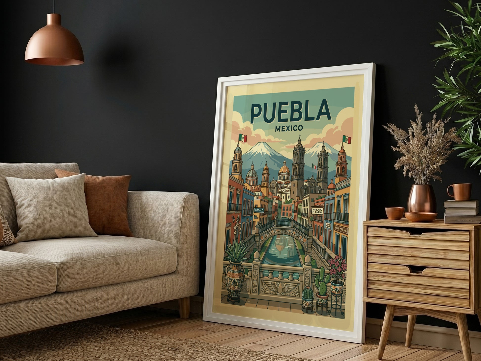 Puebla Mexico cityscape travel poster with colonial buildings and volcanoes