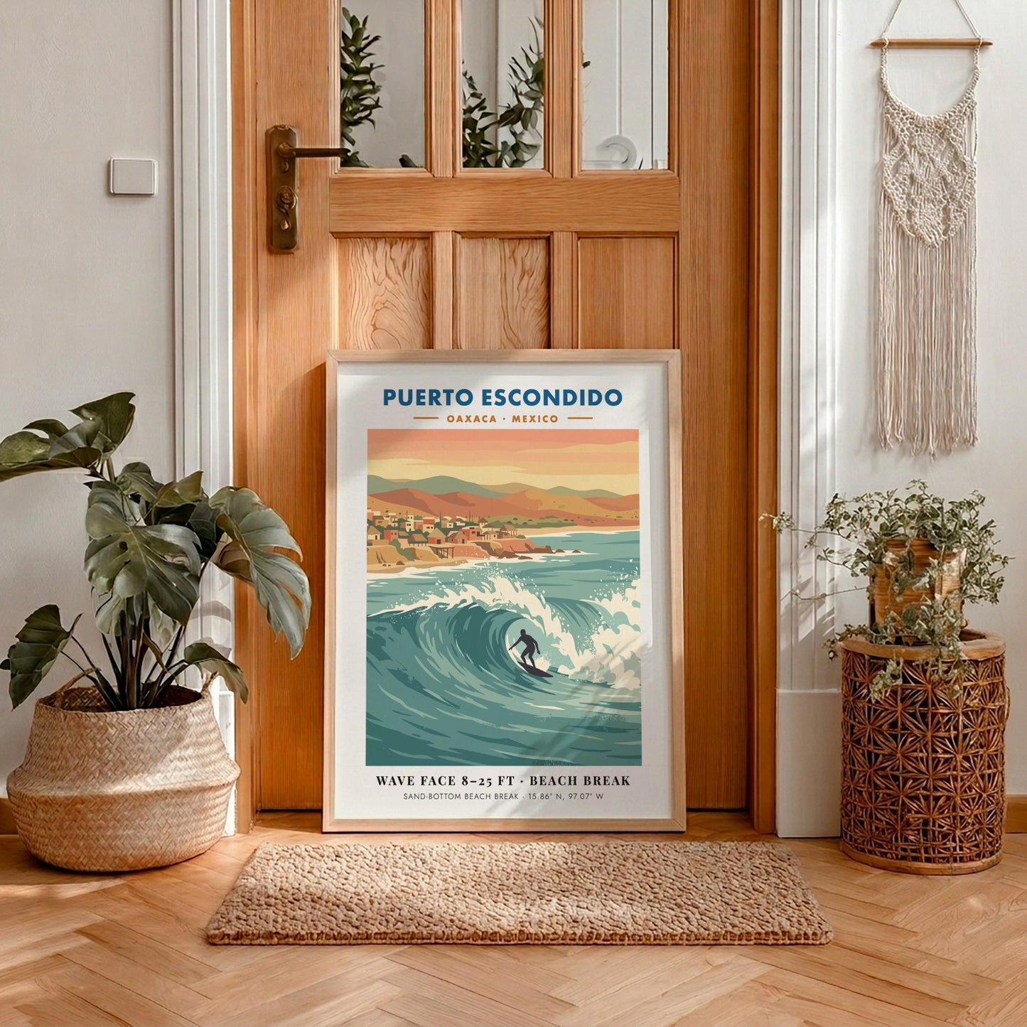 Puerto Escondido surf travel poster featuring a lone surfer on a large wave.