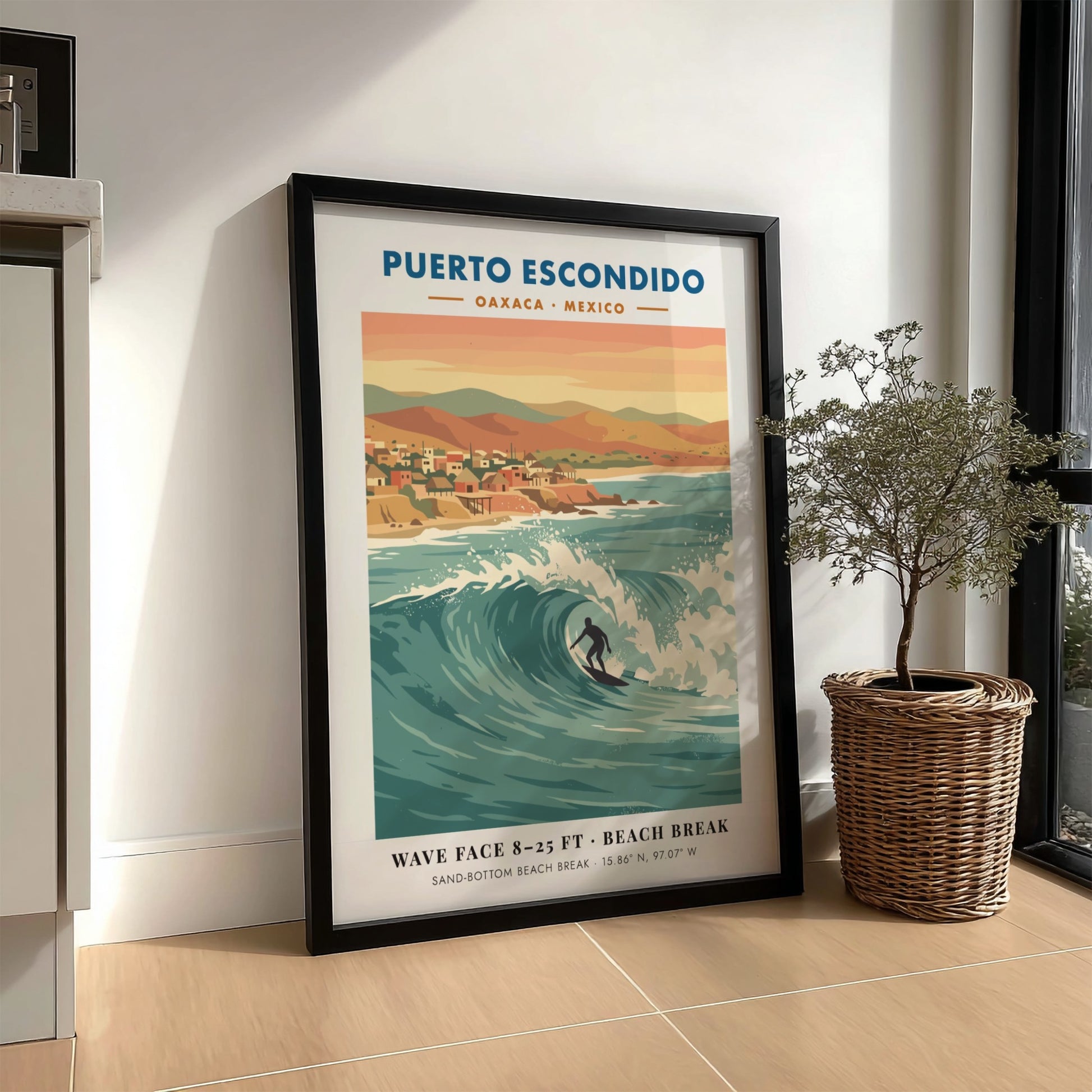 Puerto Escondido surf travel poster featuring a lone surfer on a large wave.