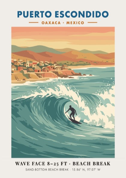 Puerto Escondido surf travel poster featuring a lone surfer on a large wave.