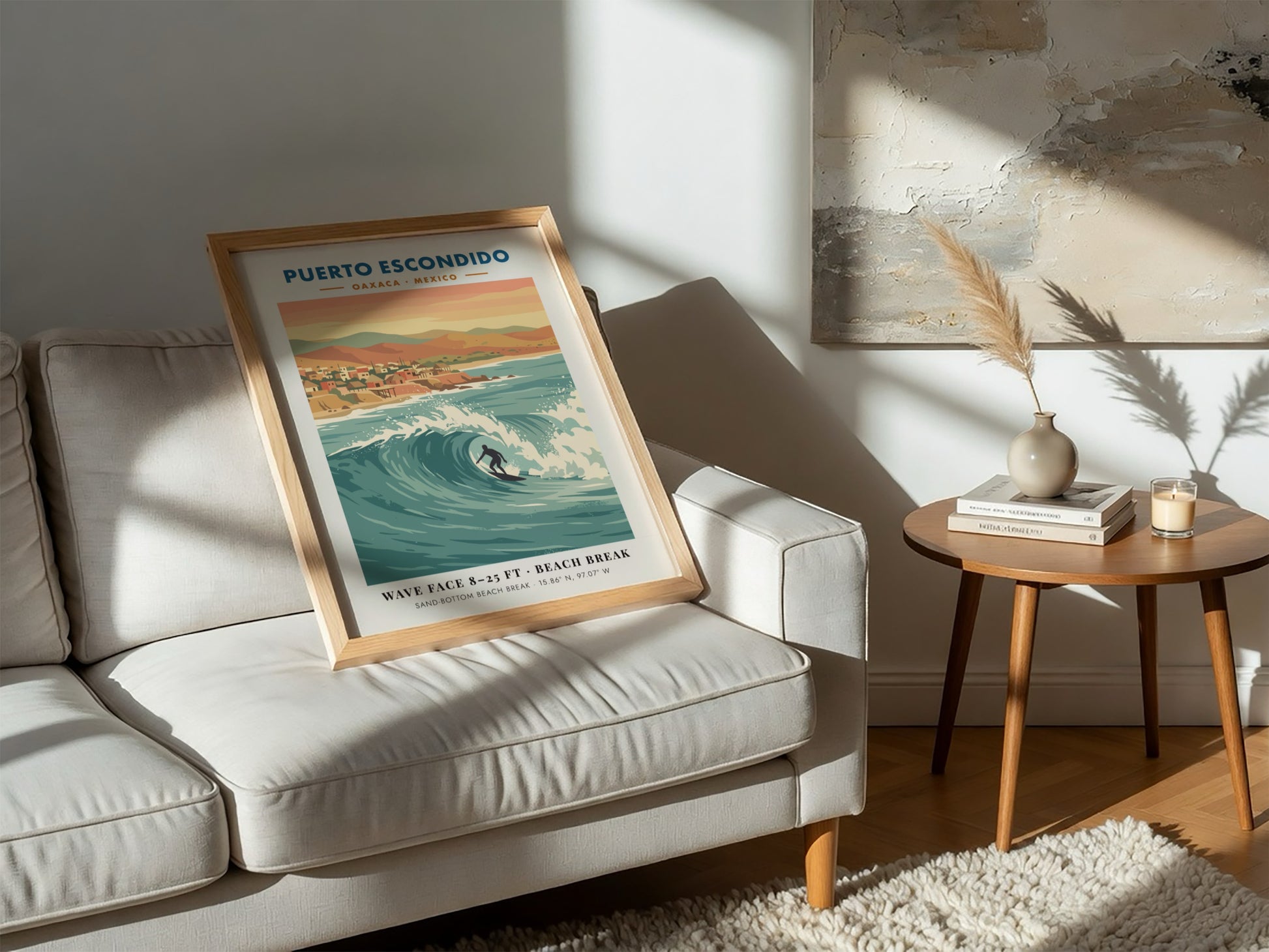 Puerto Escondido surf travel poster featuring a lone surfer on a large wave.