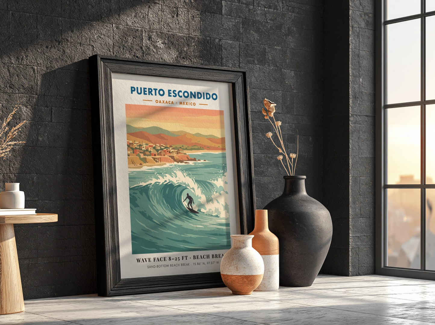 Puerto Escondido surf travel poster featuring a lone surfer on a large wave.