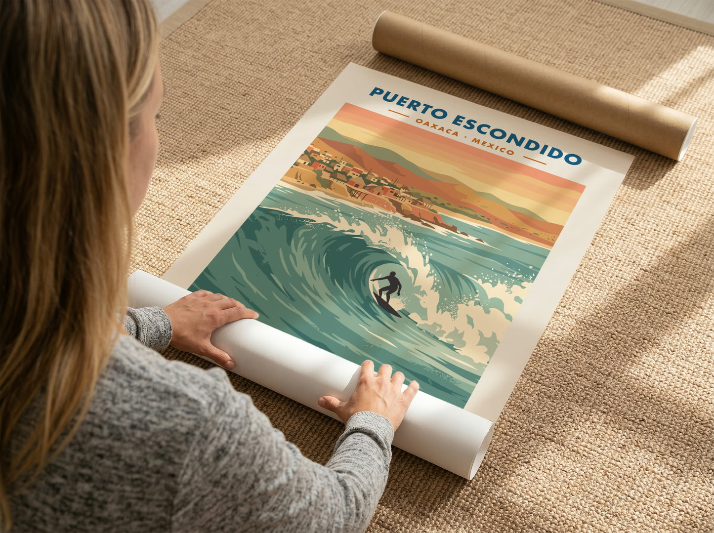 Puerto Escondido surf travel poster featuring a lone surfer on a large wave.