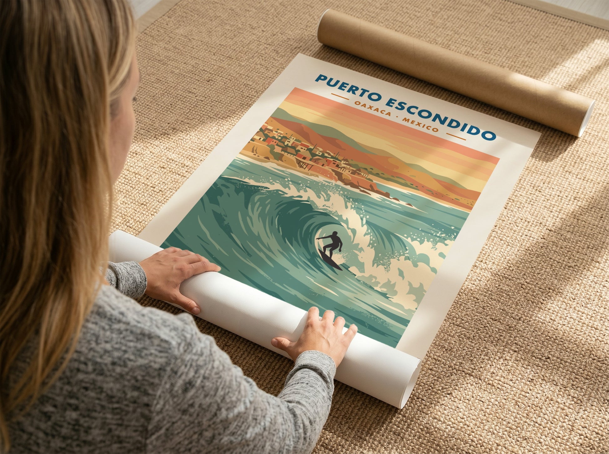 Puerto Escondido surf travel poster featuring a lone surfer on a large wave.