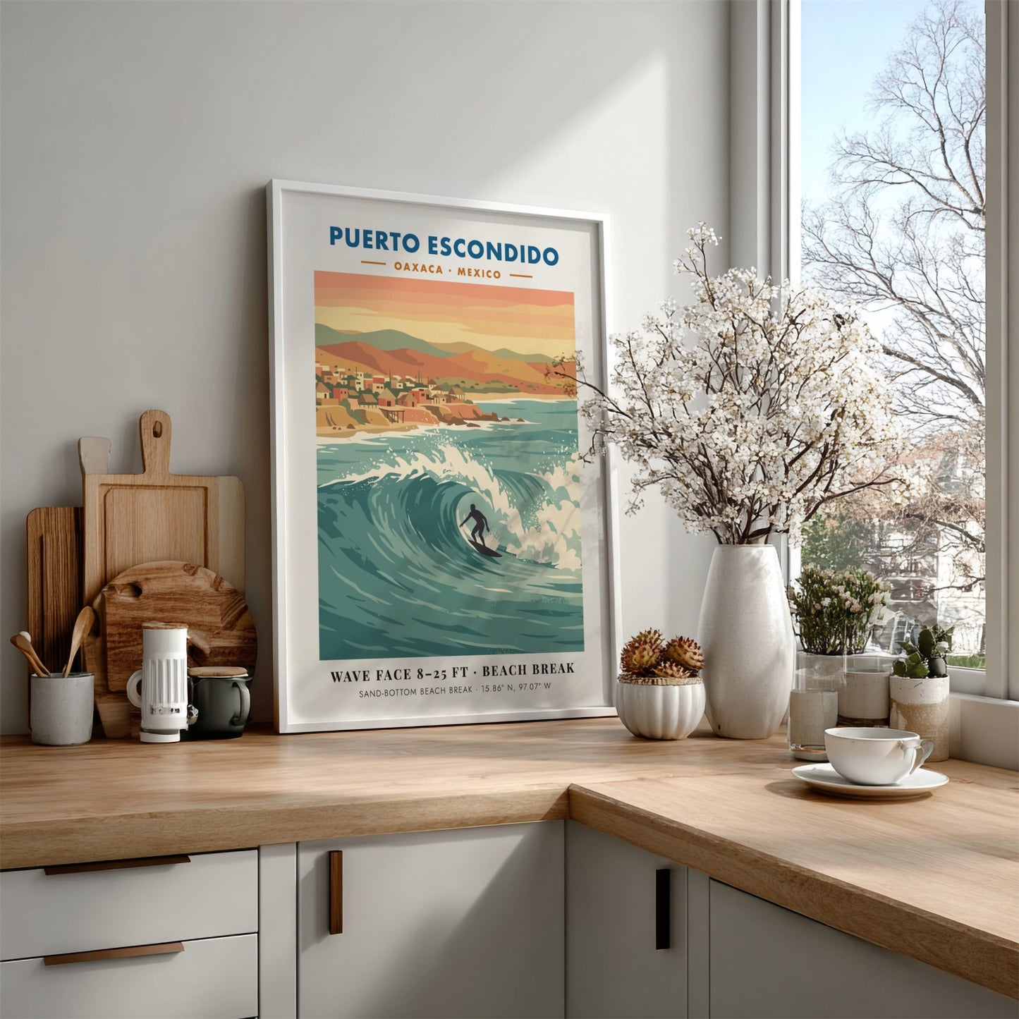 Puerto Escondido surf travel poster featuring a lone surfer on a large wave.