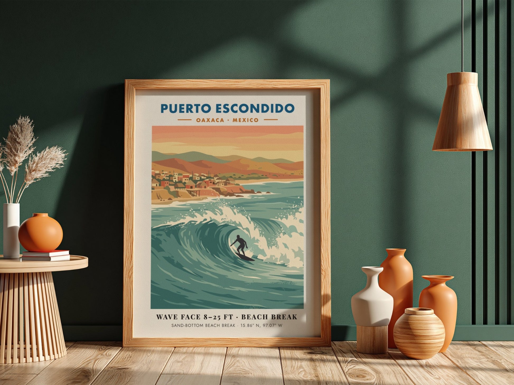Puerto Escondido surf travel poster featuring a lone surfer on a large wave.