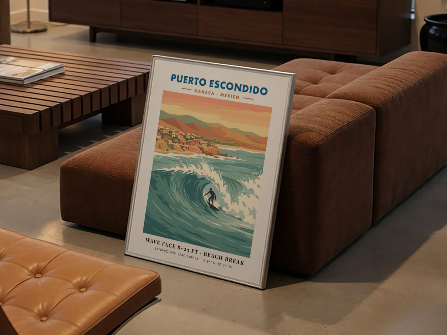 Puerto Escondido surf travel poster featuring a lone surfer on a large wave.