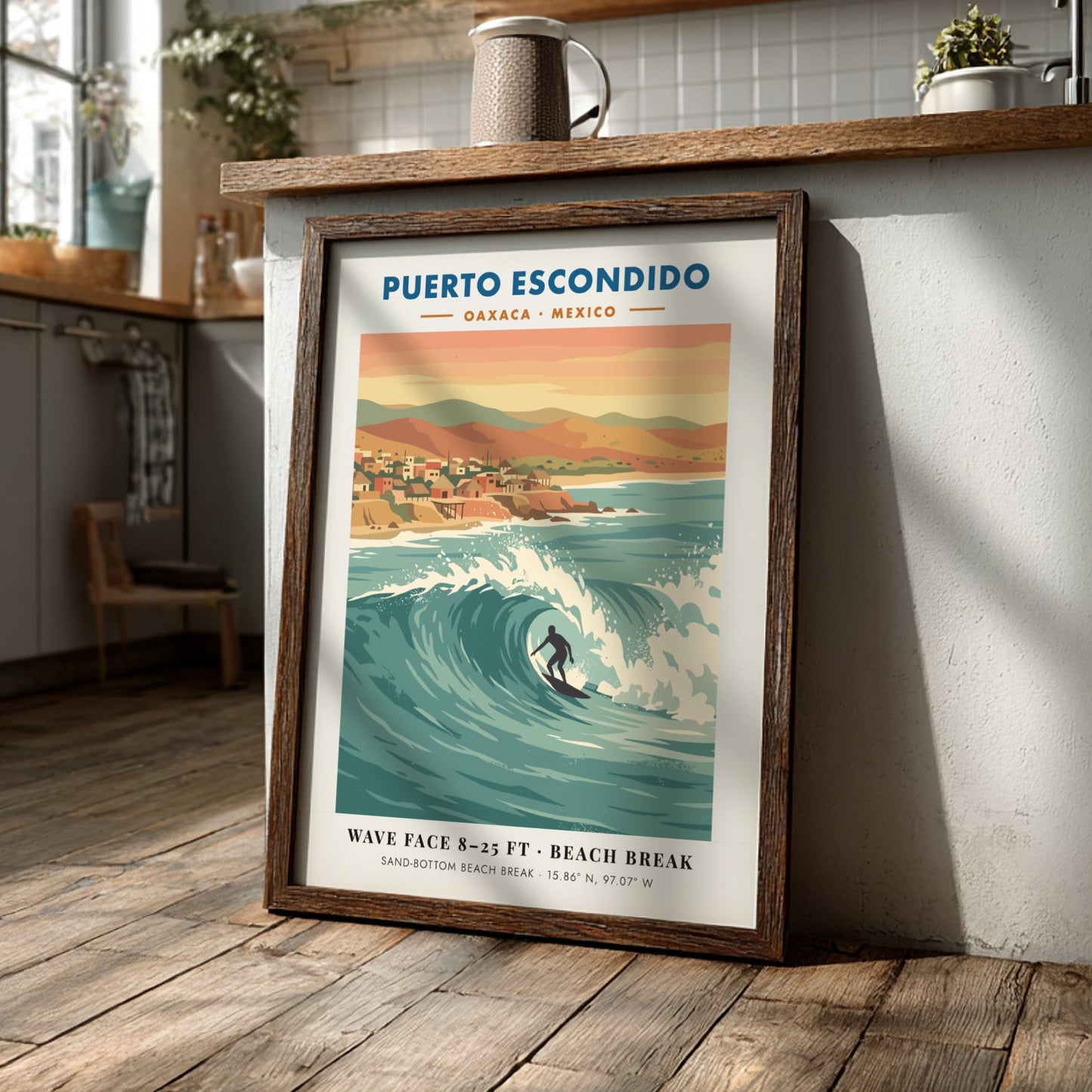 Puerto Escondido surf travel poster featuring a lone surfer on a large wave.