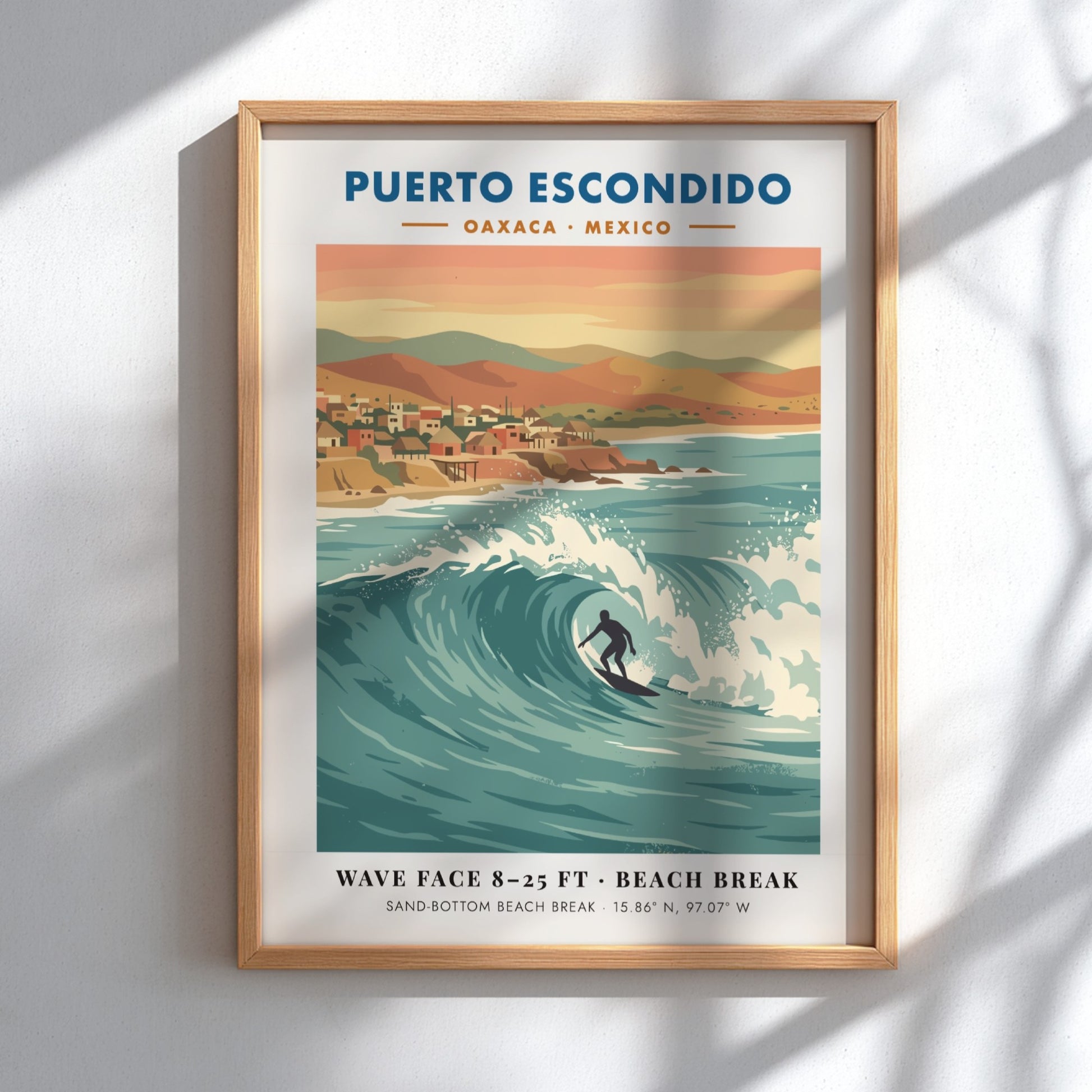 Puerto Escondido surf travel poster featuring a lone surfer on a large wave.