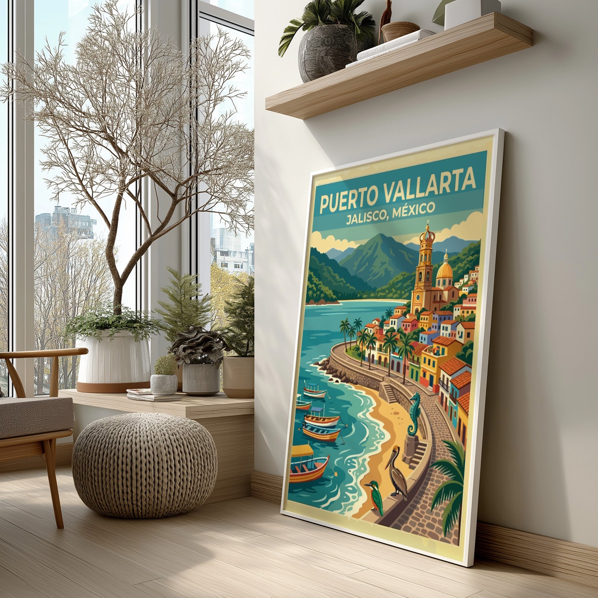 Travel poster of Puerto Vallarta Jalisco Mexico with a coastal church and boats