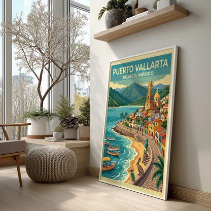 Travel poster of Puerto Vallarta Jalisco Mexico with a coastal church and boats
