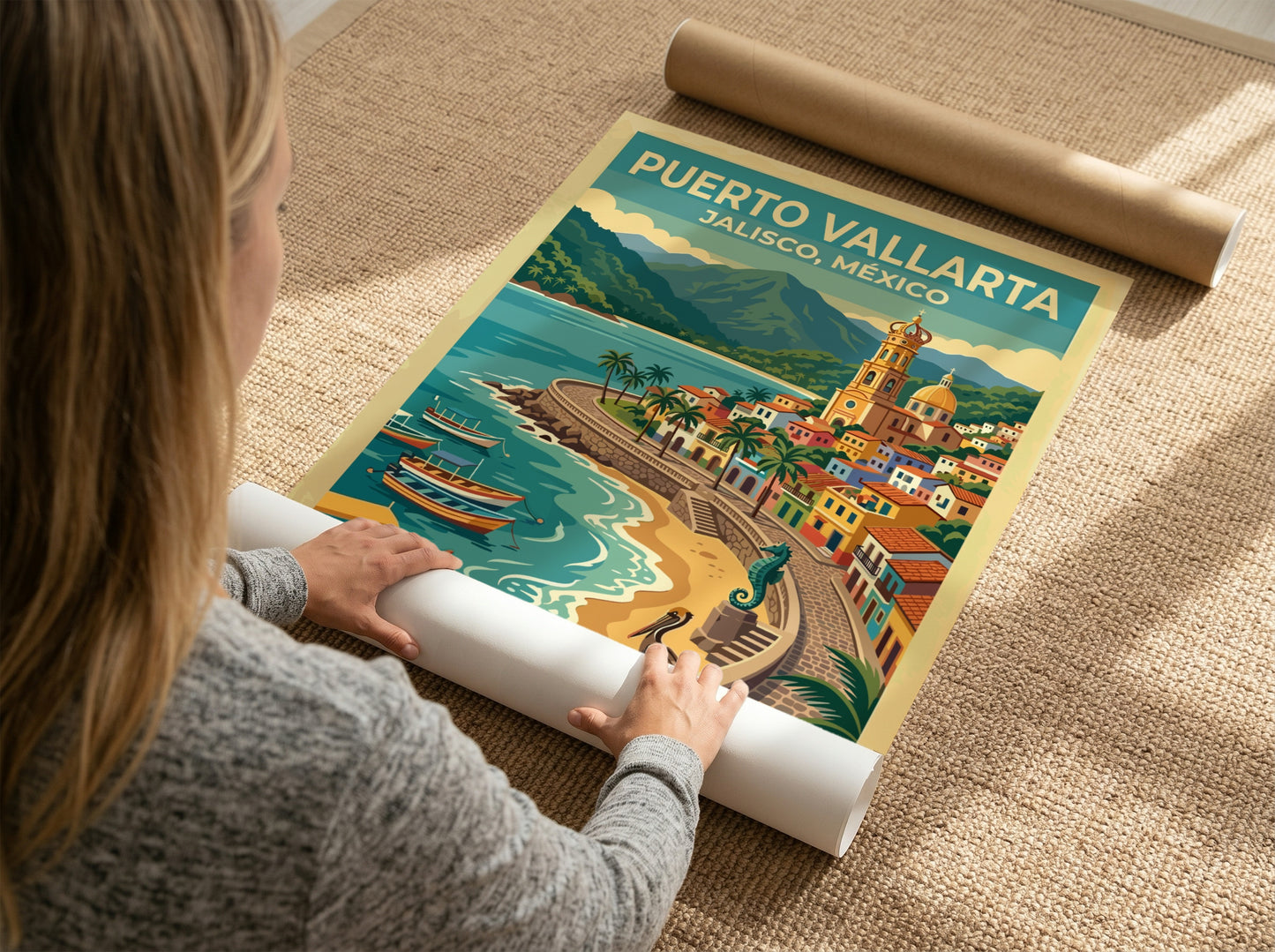 Travel poster of Puerto Vallarta Jalisco Mexico with a coastal church and boats